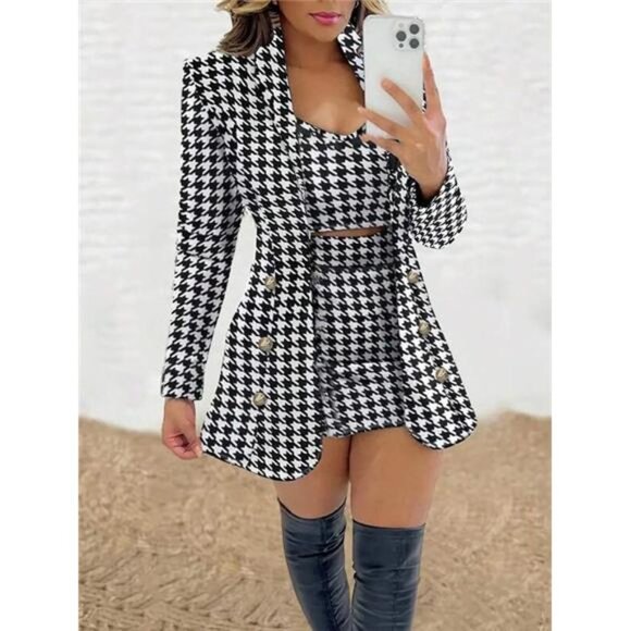 Ladies' Houndstooth Pattern Long Sleeve Jacket, Vest And Skirt Three Piece Set